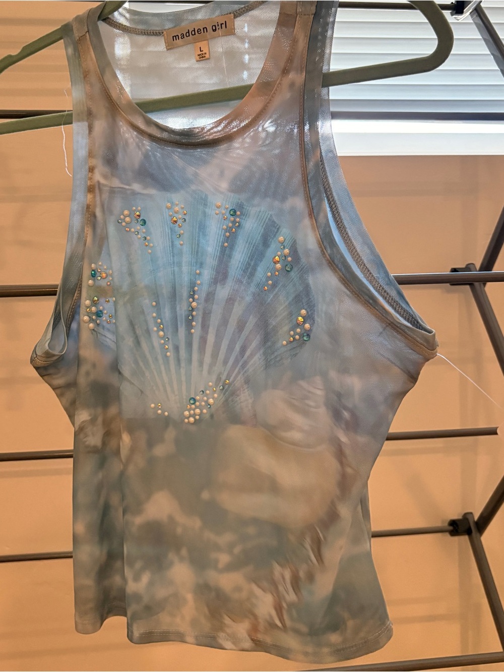 Madden Girl Blue Tie-Dye Shell Tank with Pearl Accents sheer
